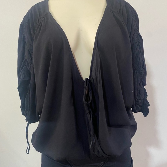 NWT .. Free People Black Tie Front Ruched Bodysuit - Picture 9 of 16